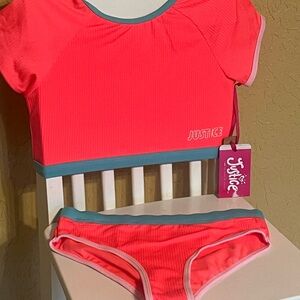 Justice (NEW) Girls Neon Coral Pink Swim Two-Piece with Teal Trim Girl Size 10